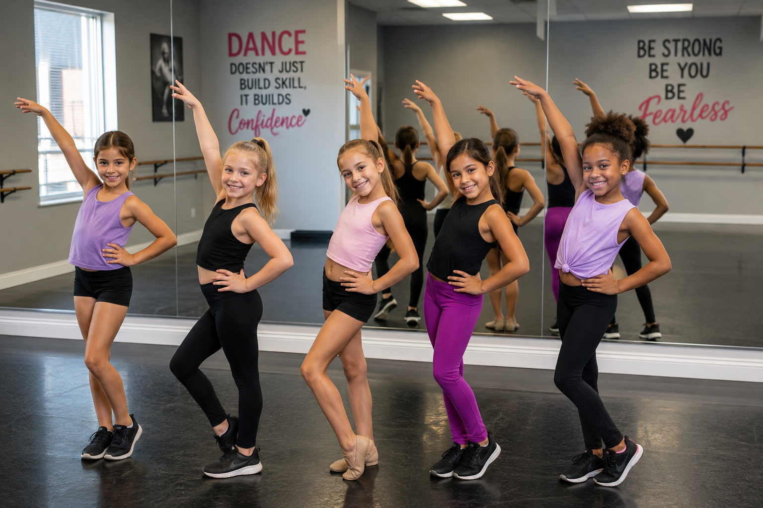 Young dancers posing together in a bright dance studio