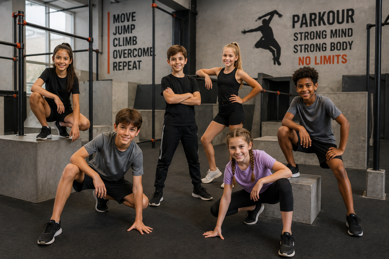 Kids training in a parkour gym with obstacles and bars
